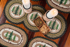 table runner and placemat with tree and branch designs for rustic cabin style table setting