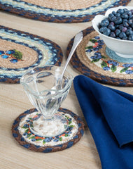 Blueberry themed coaster and trivet made from braided jute for a country kitchen style