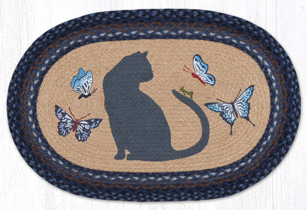 Braided rug with Cat, grasshopper, and butterfly design. Blue, grey, tan colors