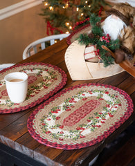 Cranberry placemats made from braided jute with holiday themed table