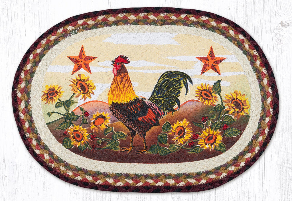 Braided placemat with Morning Rooster design and sunflowers
