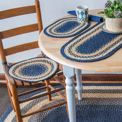 Primitive country style table setting using braided jute table runner, placemat and chair pad