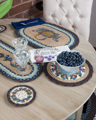 Blueberry themed coaster and trivet made from braided jute for a country kitchen style