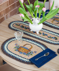 Blueberry themed placemat and table runner made from braided jute for a country kitchen style