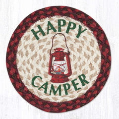 Braided trivet with "Happy Camper" design and lantern art - perfect for camping or cabin life