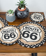 Route 66 themed table accents - trivet and coaster made from braided jute with black and white border.