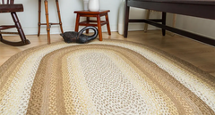 Woven jute rug in natural tan and white.