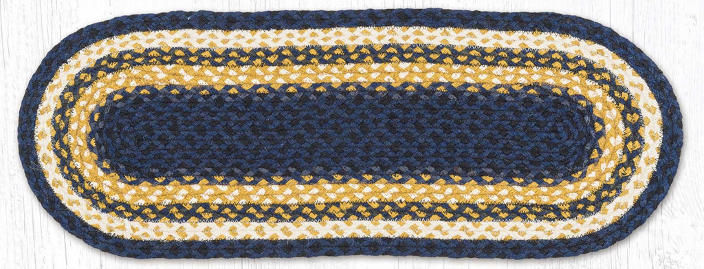 Braided jute table runner in blue, gold, and white colors.