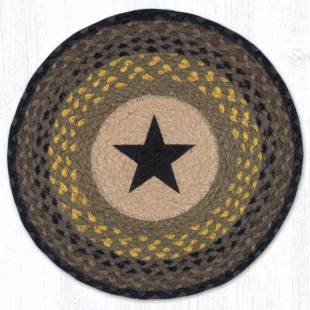 Braided chair pad with single black star in center. 