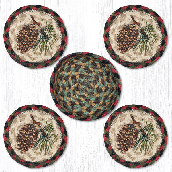 CNB-081 Pinecone Coasters In A Basket | The Braided Rug Place
