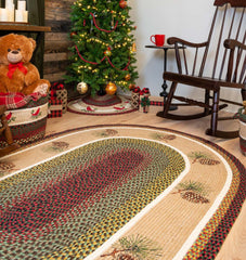 Braided area rug with pinecone printed design in Christmas decor