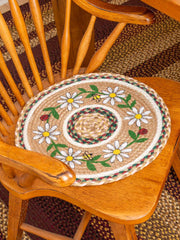 Daisy chair pad with bees and lady bugs, made from natural braided jute