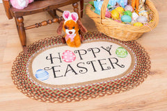 Hoppy Easter rug with Easter Egg design made from braided jute