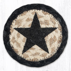 Braided jute round coaster with black and grey border and black star in the center of a tan background. 