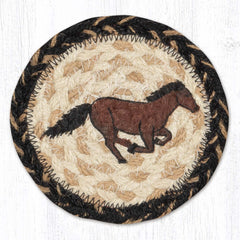 Coaster with galloping horse design in light tan, black and brown. 