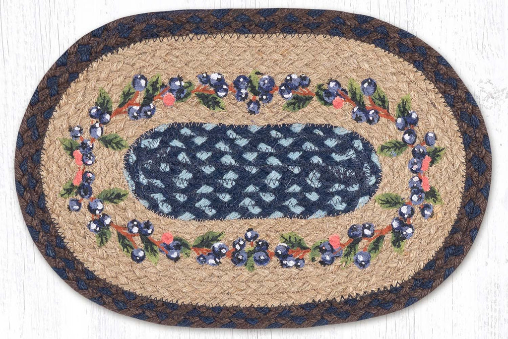 Placemat with blueberry vine border design made with braided jute. 
