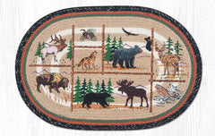 Oval braided jute rug with bear, moose, buffalo, elk, wolf, pinecone and other woodland animals for a cabin rustic style.
