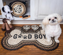 Dog-bone shaped rug with "Good Boy" Design and paw prints