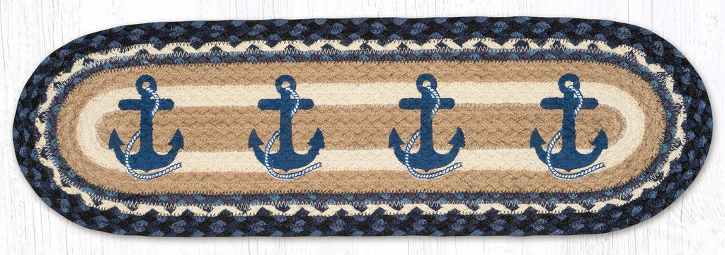 Stair Tread or table runner with blue navy anchors design, made from braided jute.