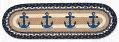 Stair Tread or table runner with blue navy anchors design, made from braided jute.