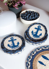 Nautical anchor design on jute coasters with holding basket