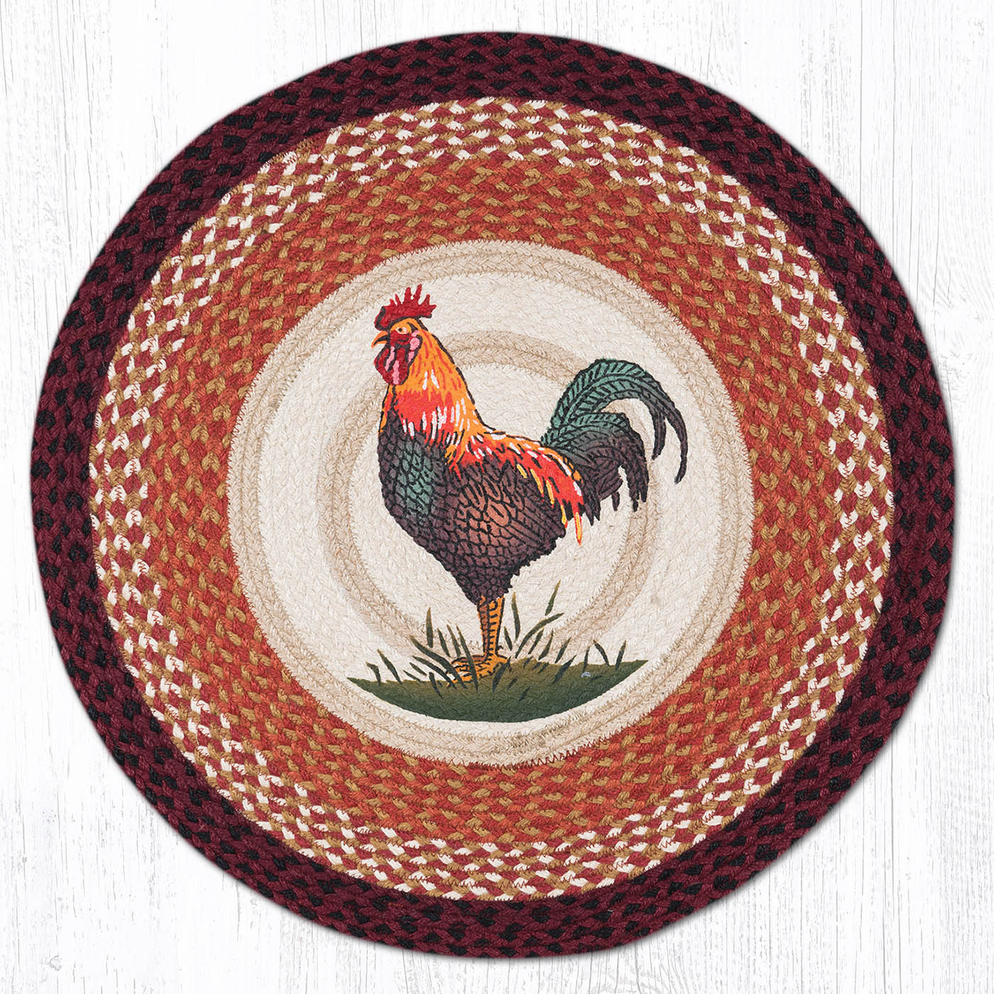 RP-471 Rustic Rooster Round Rug | The Braided Rug Place