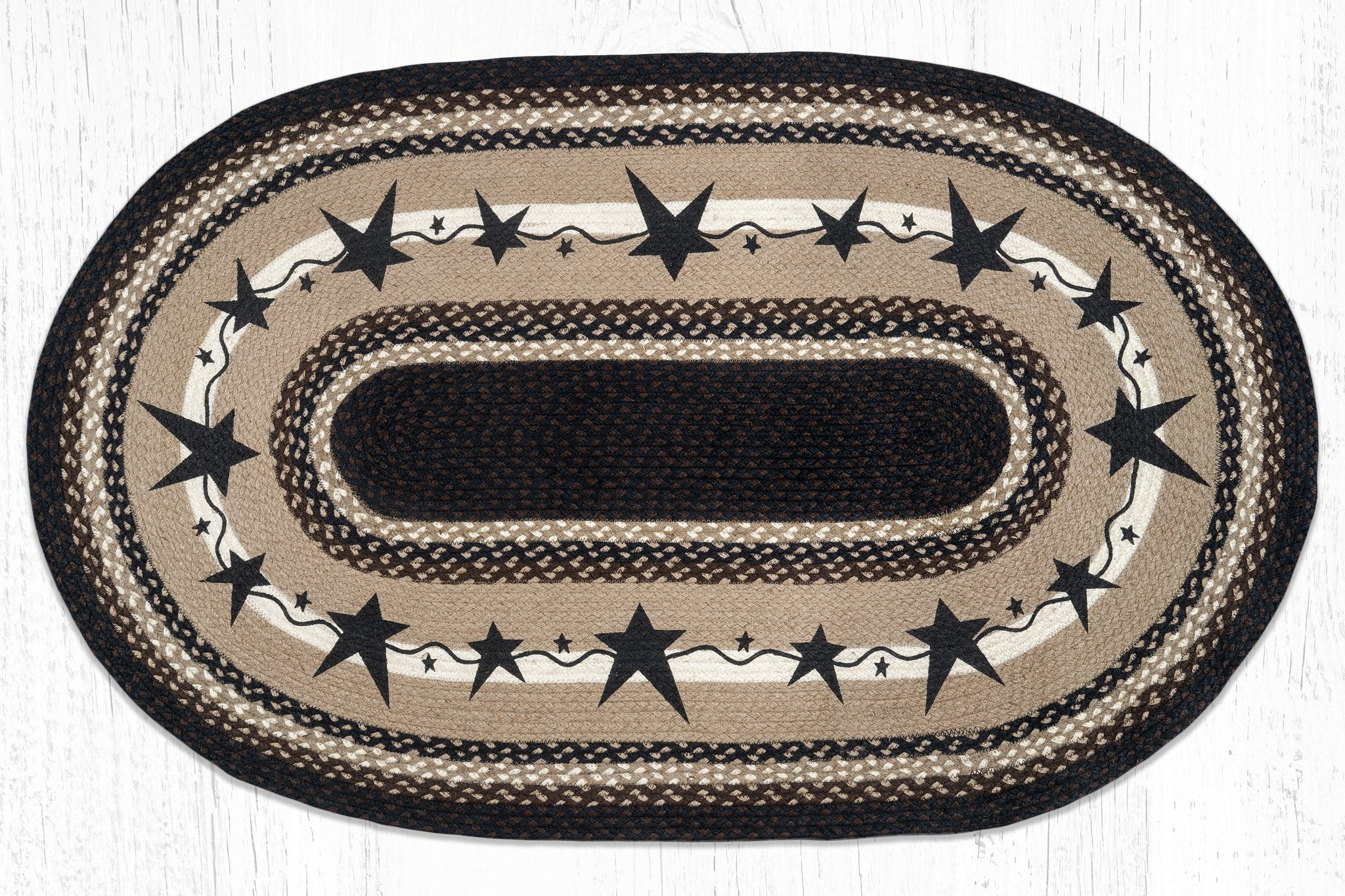 Primitive Star Rug OP-313 Primitive Star Black Oval Rug | The Braided Rug Place