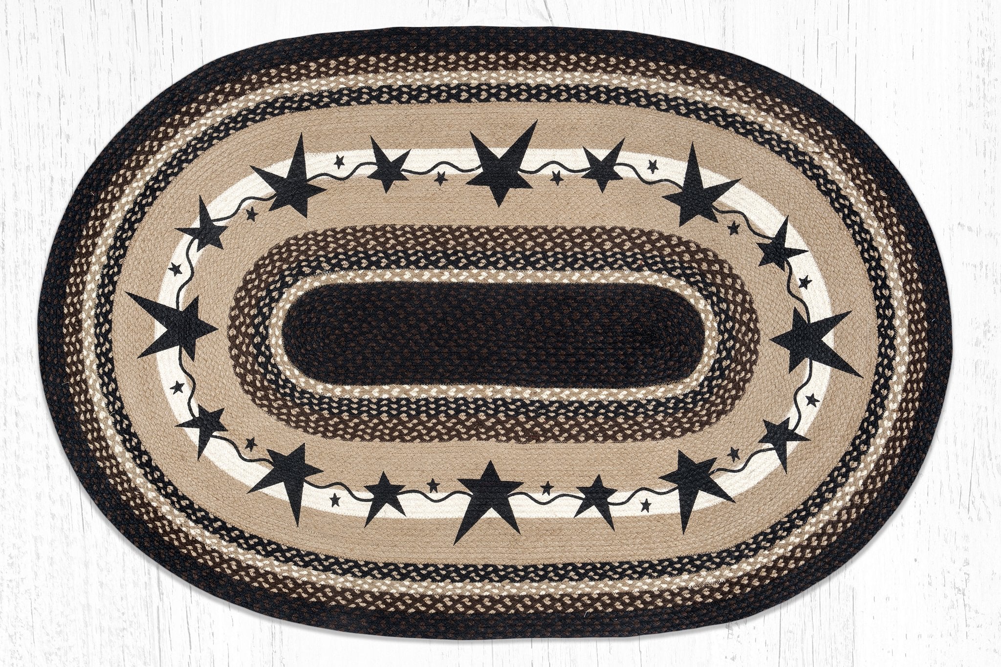 Primitive Star Rug OP-313 Primitive Star Black Oval Rug | The Braided Rug Place