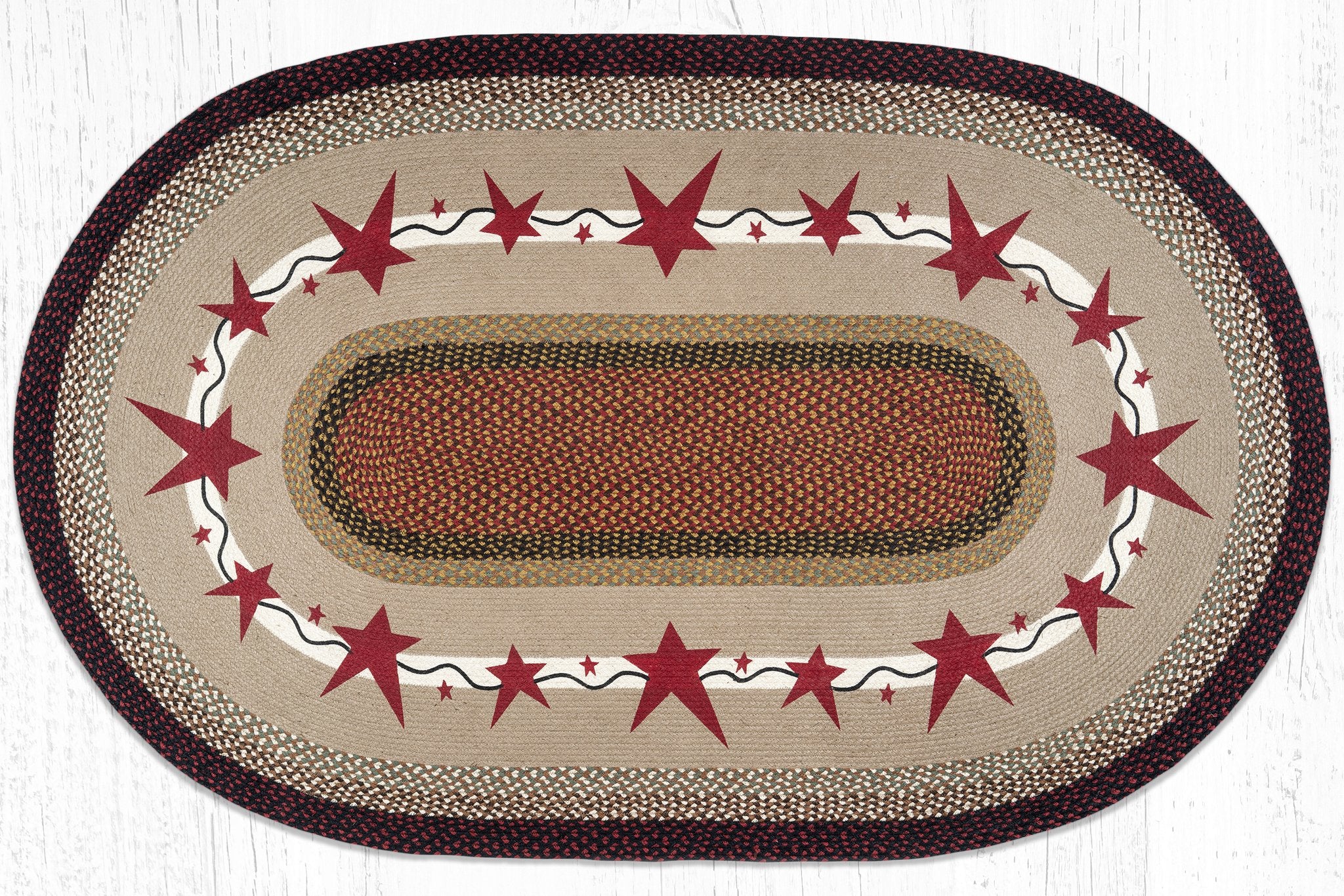 Primitive Star Rug OP-019 Primitive Stars Burgundy Oval Rug | The Braided Rug Place