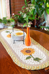 Sunflower Table Runner with tan, white, yellow and green colors. 