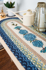 Blue hydrangea table runner made from durable jute