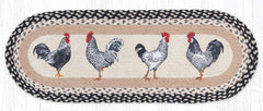 Braided oval table runner with rooster design and black and white color scheme.