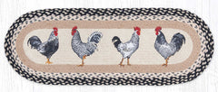 Braided oval table runner with rooster design and black and white color scheme.