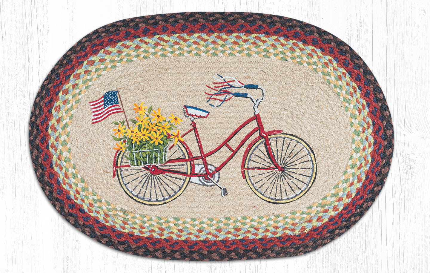 OP-574 Bicycle With Flag Oval Rug | The Braided Rug Place