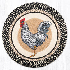 Braided rug with black and white rooster design for country farmhouse home