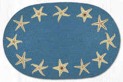 Blue oval rug with tan starfish designs for a beach house style or nautical decor